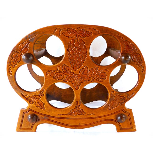 Vintage Mid Century Wood Pressed Grapes Design 6 Bottle Wine Rack For Sale - Image 9 of 9