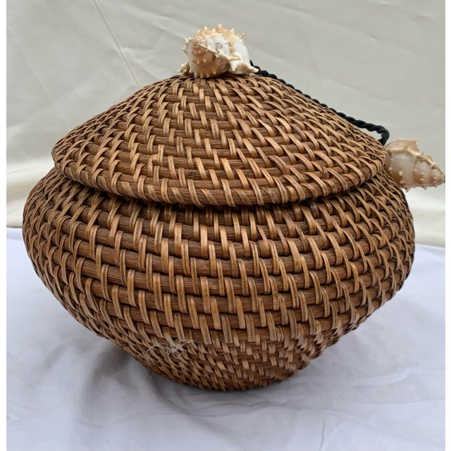 1980s Vintage Woven Basket With Shell Handle For Sale - Image 4 of 11