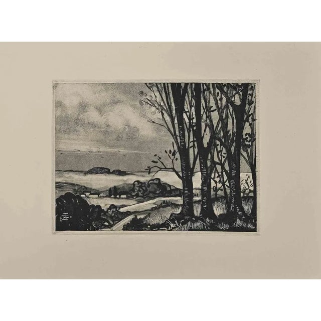 Landscape is an original artwork realized by George Henri Tribout. Original etching on paper glued on cardboard....