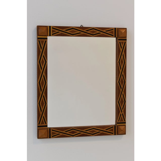 Mid-Century Modern Vintage Parquetry Framed Mirror With Corner Stud Details, Circa 1940s For Sale - Image 3 of 13