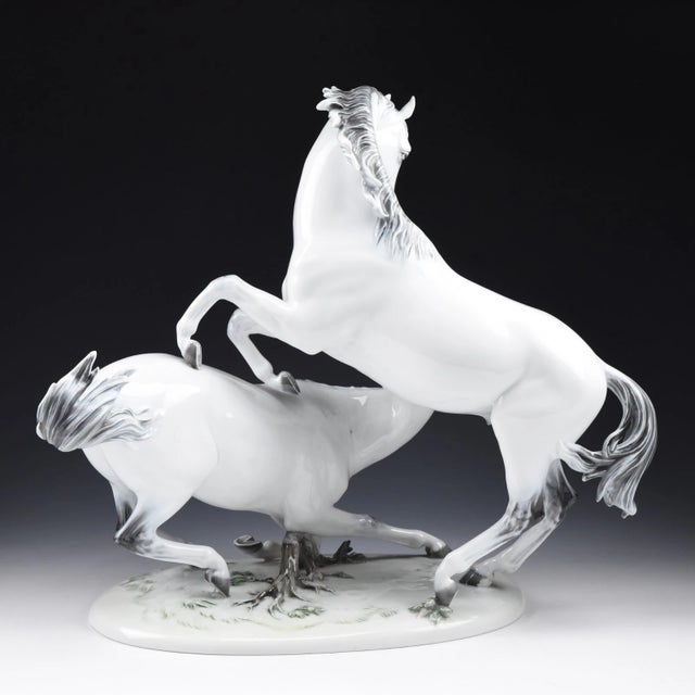 Traditional Mid 20th Century Large 16" Hugo Meisel for Rosenthal German Hand Painted Sculpture of Two Horses For Sale - Image 3 of 7