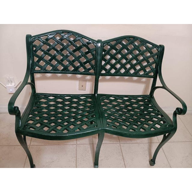 Green Vintage Cast Iron Patio Bench Lattice Design Green Mid Century Modern For Sale - Image 8 of 14