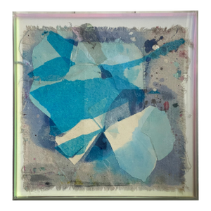 Turquoise Blue and Gray Assemblage Artwork in Rainbow Acrylic Shadow Box, Framed