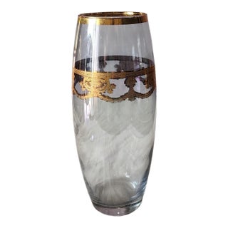 Mid Century Blue Glass Hand Decorated Italian Glass Vase 10.5" For Sale