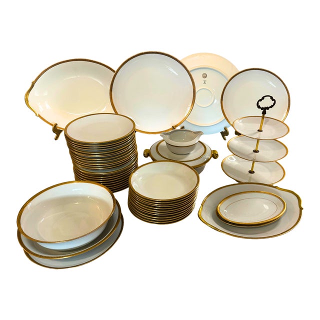 Raynaud Limoges Arès 46-Piece Table Prestige Porcelain Set for 12, Hand-Gilded Gold, Luxury French Dinnerware For Sale