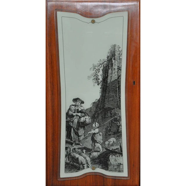 1940s Mahogany Pear Tree, Brass & Glass Top Drawers Sideboard with Allegorical Drawings & Internal Lightning from F.lli Rigamonti Desio, Milano, 1940s For Sale - Image 5 of 14