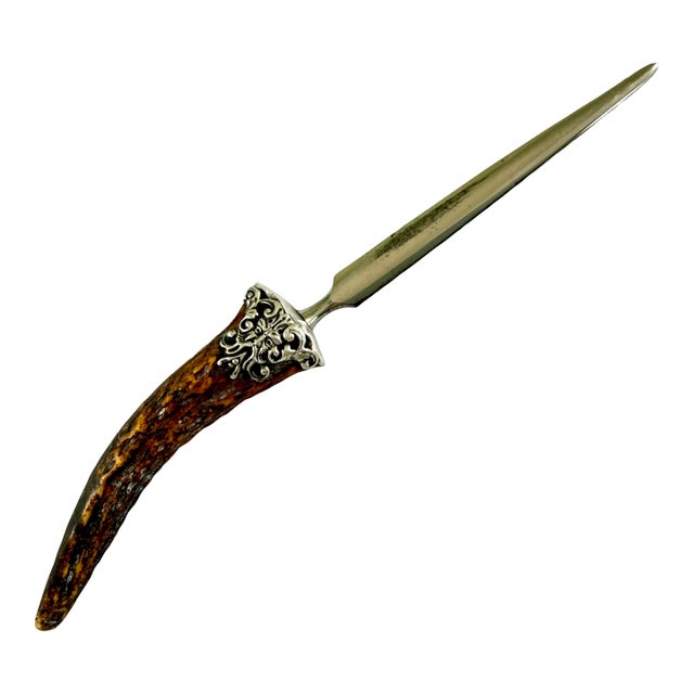 English Stag Horn & Sterling Silver Green Man Face Letter Opener For Sale