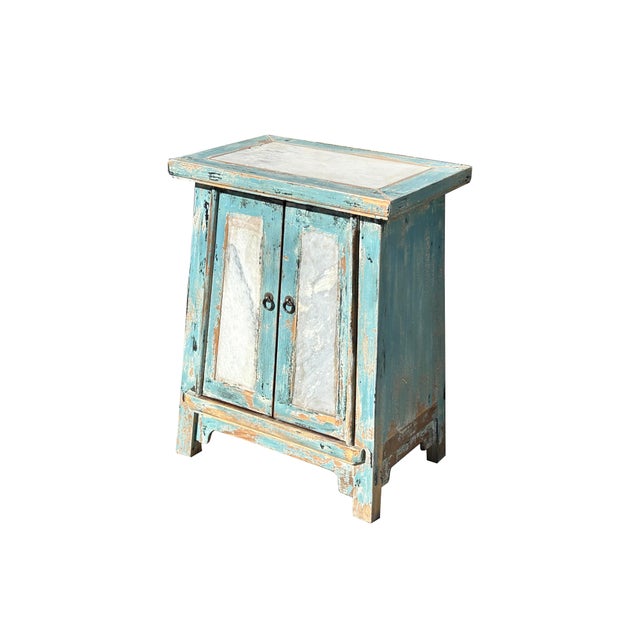 Distressed Pale Blue Stone Top Doors Slayed Legs End Table Nightstand For Sale - Image 4 of 5