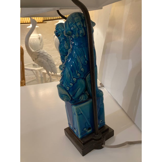 Foo Dog Turquoise Glazed Porcelain Table Lamps With Pagoda Shades - A Pair For Sale - Image 11 of 12
