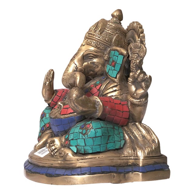 Far Pavilions Brass Ganesha Statue With Turquoise Inlay | 7 Inch Hindu Ganpati Idol for Home Altar | Colorful Indian Deity Art | Unique Housewarming Gift For Sale - Image 4 of 7