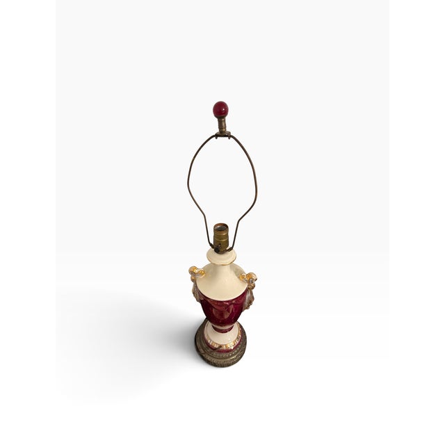 French Vintage Ruby Porcelain Courting Scene Table Lamps With Gilt Accents — Pair For Sale - Image 3 of 12