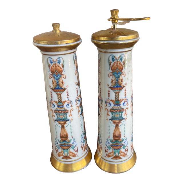 1970s Mid Century Modern Hand-Decorated Lenox Lido Salt Shaker & Pepper Mill Set - a Pair For Sale