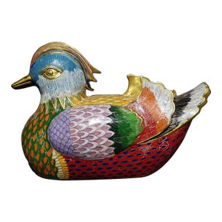 Vintage Cloisonne Enamel Mandarin Duck Figurine – 12.2" Colorful Bird Sculpture For Sale