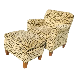 Vintage Upholstered Scalamadre Style Tiger Print Lounge Chair Matching Ottoman- a Pair