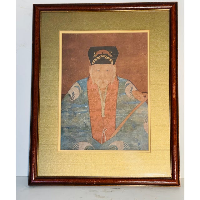 Antique Qing Dynasty Portrait of a High Priest, Handpainted watercolor on silk, in original frame.