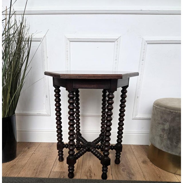 Wood Antique Italian Hexagonal Walnut Side Table with Bobbin Turned Legs, 1890s For Sale - Image 7 of 11