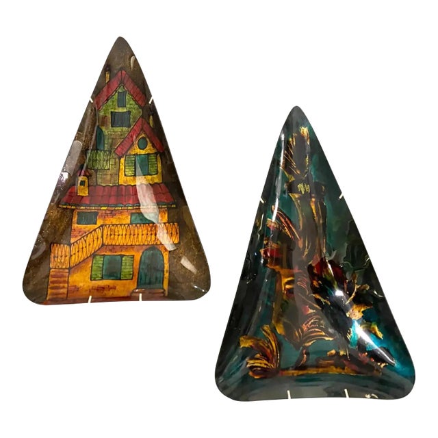 1950s, Set of Two Mid-Century Modern Paintings on Mural Triangular Glass Plates For Sale
