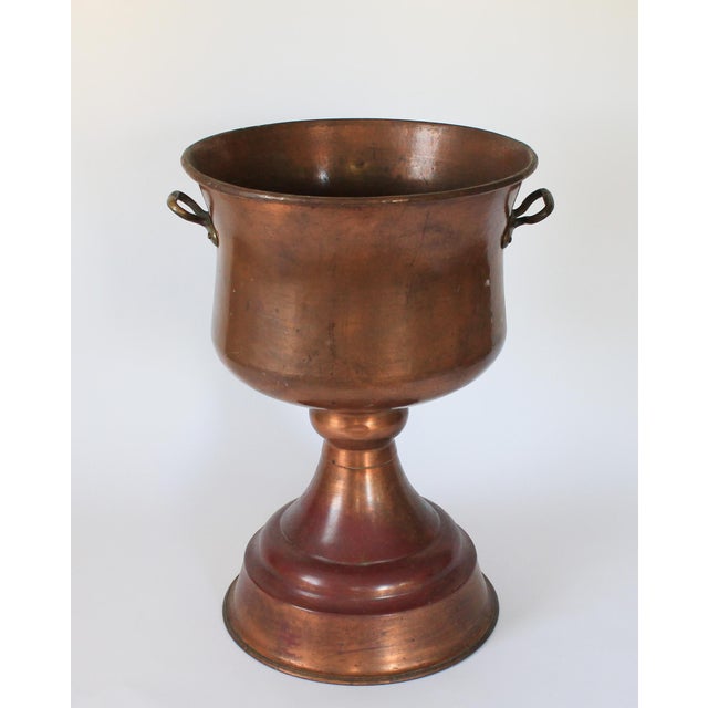 Monumental Footed Copper Planter / Jardiniere With Brass Side Handles and a Wide Flared Pedestal Base For Sale In Milwaukee - Image 6 of 11