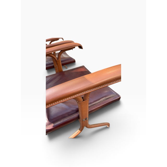 Brown Vintage Stitched Leather Chairs by Jacques Adnet, 1950s, Set of 2 For Sale - Image 8 of 10