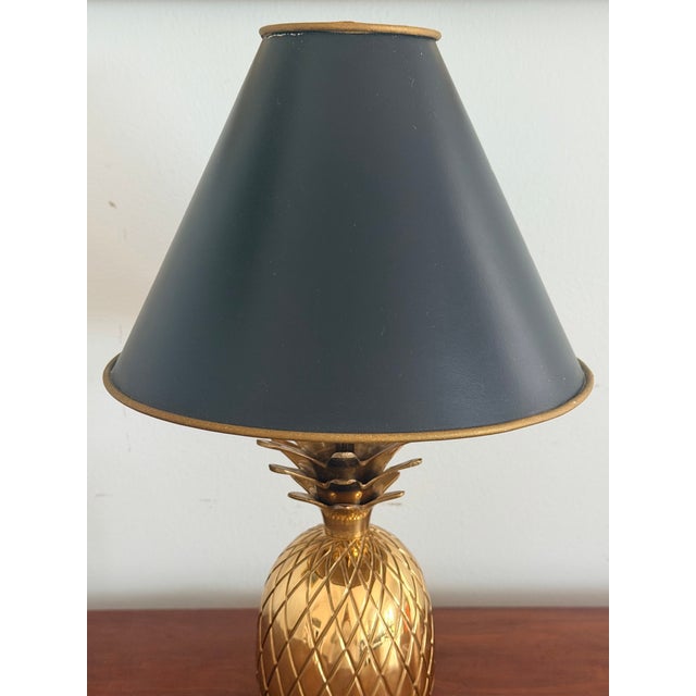 Petite Brass Pineapple Lamp With Black Tole Shade For Sale In Savannah - Image 6 of 8