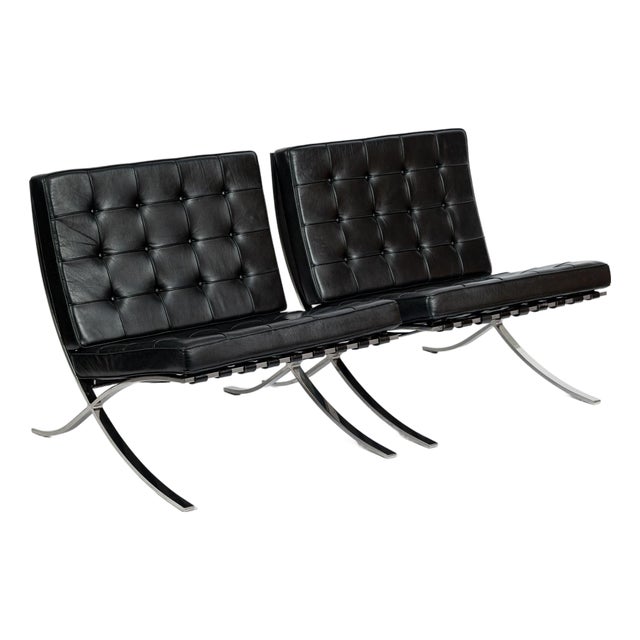 Pair Mid Century Black Leather Barcelona Chairs by Mies Van Der Rohe for Knoll, 1977 For Sale