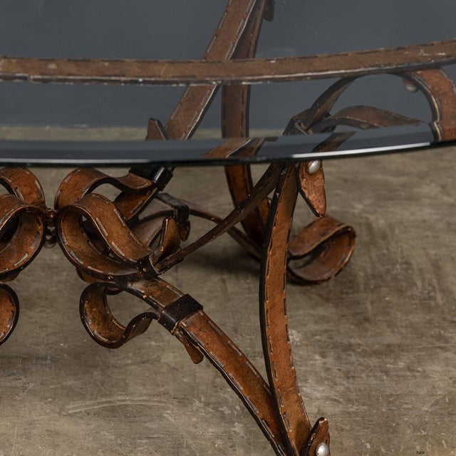 Rustic Cold Painted Wrought Iron Strap & Stitch Glass Top Coffee Table, 1980s For Sale - Image 3 of 18