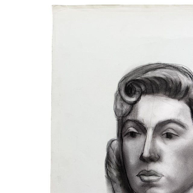 Large Vintage Charcoal Portrait Drawing of a Woman With Rolled Curl For Sale - Image 4 of 8