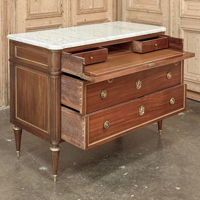 Antique French Louis XVI Mahogany Secretary ~ Commode With Carrara Marble For Sale - Image 12 of 15