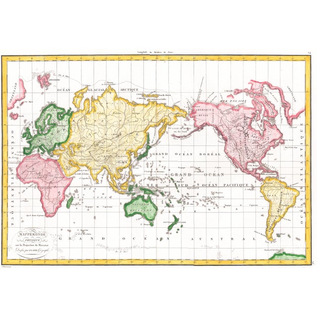 Pacific-centered Mercator Projection world map, drawn by Pierre Lapie and published by Magimel, Anselin, et Pochard in...