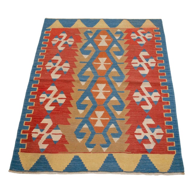 Textile Flat Weave Kilim Rug, Vintage Oushak Rug Village Wool, Red Gold Blue Geometric, 3x4 Ft Approx For Sale - Image 7 of 16