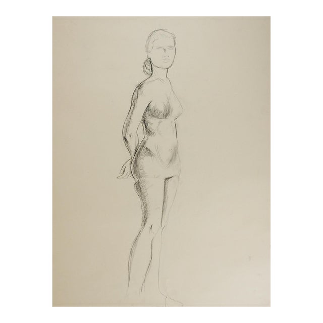 Vintage 1950s Charcoal Figure Study Drawing of Woman For Sale