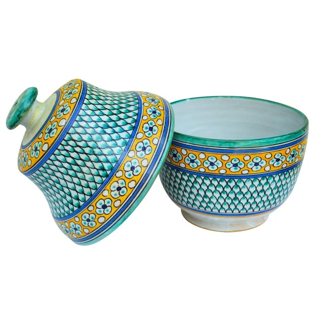 Handcrafted and glazed Moroccan ceramic jar with lid. Hand-painted with Moorish pattern in traditional color combination....