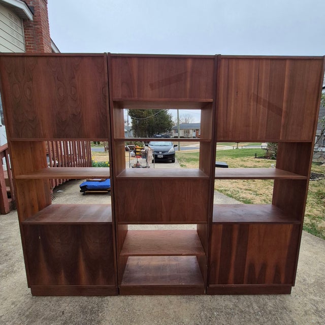 Brown 1960s 3-Bay Walnut & Cane Wall Unit Room Divider Bookshelves W/ Drop Down Bar or Desk, Manner of Jack Cartwright for Founders For Sale - Image 8 of 10