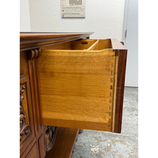Empire Manufacturing Company Tudor Revival Carved Walnut Console Server, Circa 1920's For Sale - Image 9 of 12