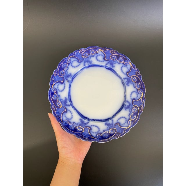 Antique Henry Alcock Delamere Flow Blue Dinner Plate With Gold Accents For Sale - Image 4 of 9