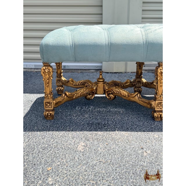 1960s Louis XV Style Gilded Bench French Rococo Upholstered Ottoman, Entryway Vanity Seating For Sale - Image 4 of 6