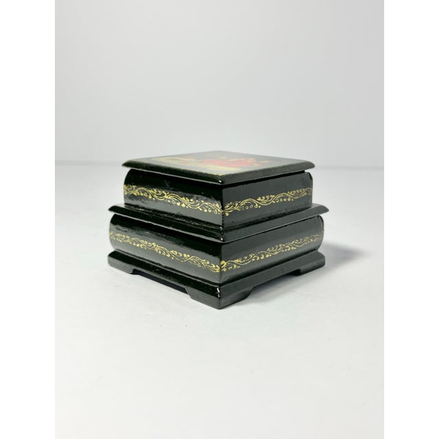 1980s 1980s Russian Handpainted Wooden Lacquer Two-Tier Double Palekh Trinket Box, Firebird For Sale - Image 5 of 9