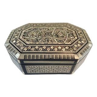 Mid 20th Century Moorish Middle Eastern Black Lacquer Mop Inlay Decorative Octagonal Jewelry Box For Sale