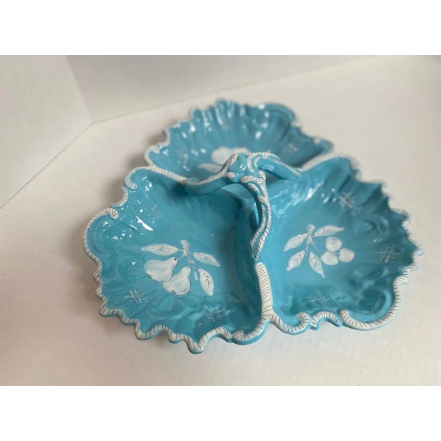 Vintage Italian hand-painted light blue ceramic 3-part server. Signed and marked Italy on back. 13” w x 13” d x 2.5” h...