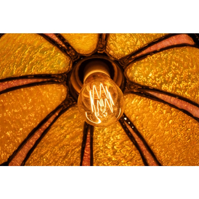 Antique Amber and Rose Stained Slag Glass Hanging Lamp For Sale - Image 4 of 6