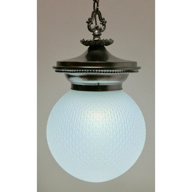 Antique Opaline Glass Globe and Cast Metal Hanging Pendant Light Fixture For Sale In San Francisco - Image 6 of 12