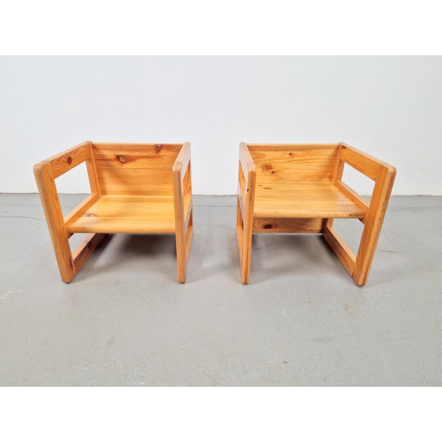 Set 2 x Vintage pine Marcel Gascoin high chair children's table Three positions'70 France "3 positions" stool in the style...