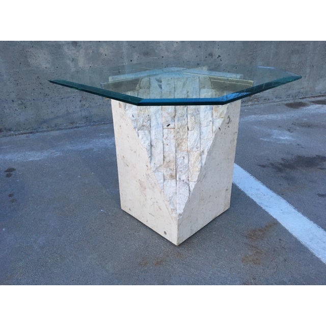 1980s Postmodern Brass & Glass Top Pedestal End Table in Tessellated Stone Style of Maitland Smith For Sale - Image 5 of 12
