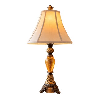 Vintage Pineapple Table Lamp, Amber Glass, Ornate Decorative Base Hollywood Regency For Sale