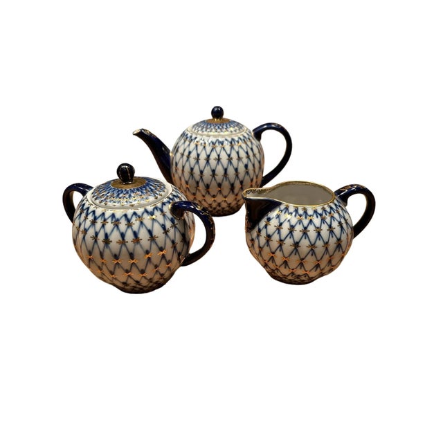Traditional Vintage Lomonosov Imperial Porcelain Cobalt Net Tulip Complete Tea Set for Six - 22 Pieces For Sale - Image 3 of 13