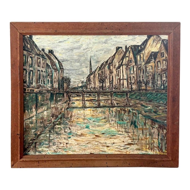 Mid Century Oil on Canvas Cityscape Painting - Signed and Dated For Sale