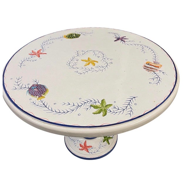 Coastal Hand-Painted Italian Majolica Ceramic Round Bistro Table - Coastal Sea Life Motif For Sale - Image 3 of 11