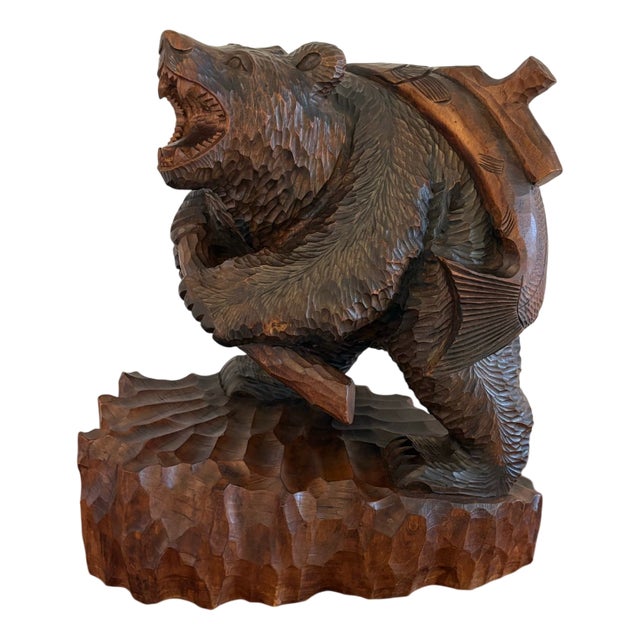Large Japanese Edwardian Carved Linden Wood Bear Carrying a Fish, 1900s For Sale