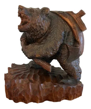 Large Japanese Edwardian Carved Linden Wood Bear Carrying a Fish, 1900s
