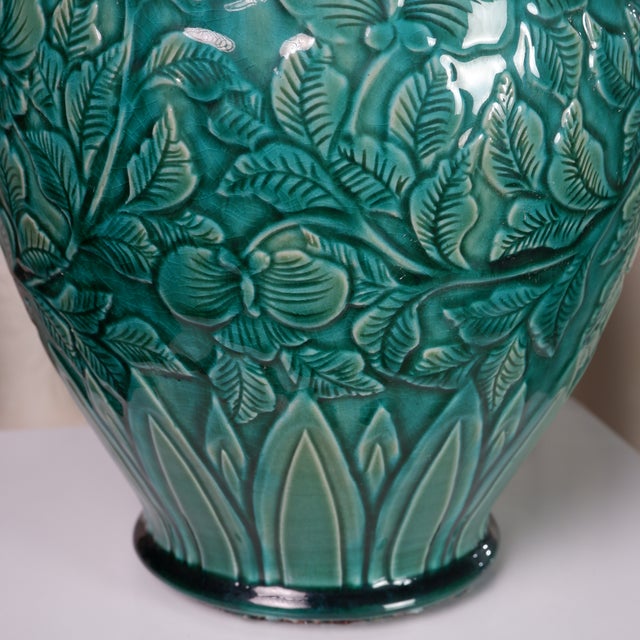 Modern Hand-Carved Botanical Vase With Deep Turquoise-Emerald Glaze by Pottery 12, Hanoi Art Ceramic For Sale - Image 3 of 5